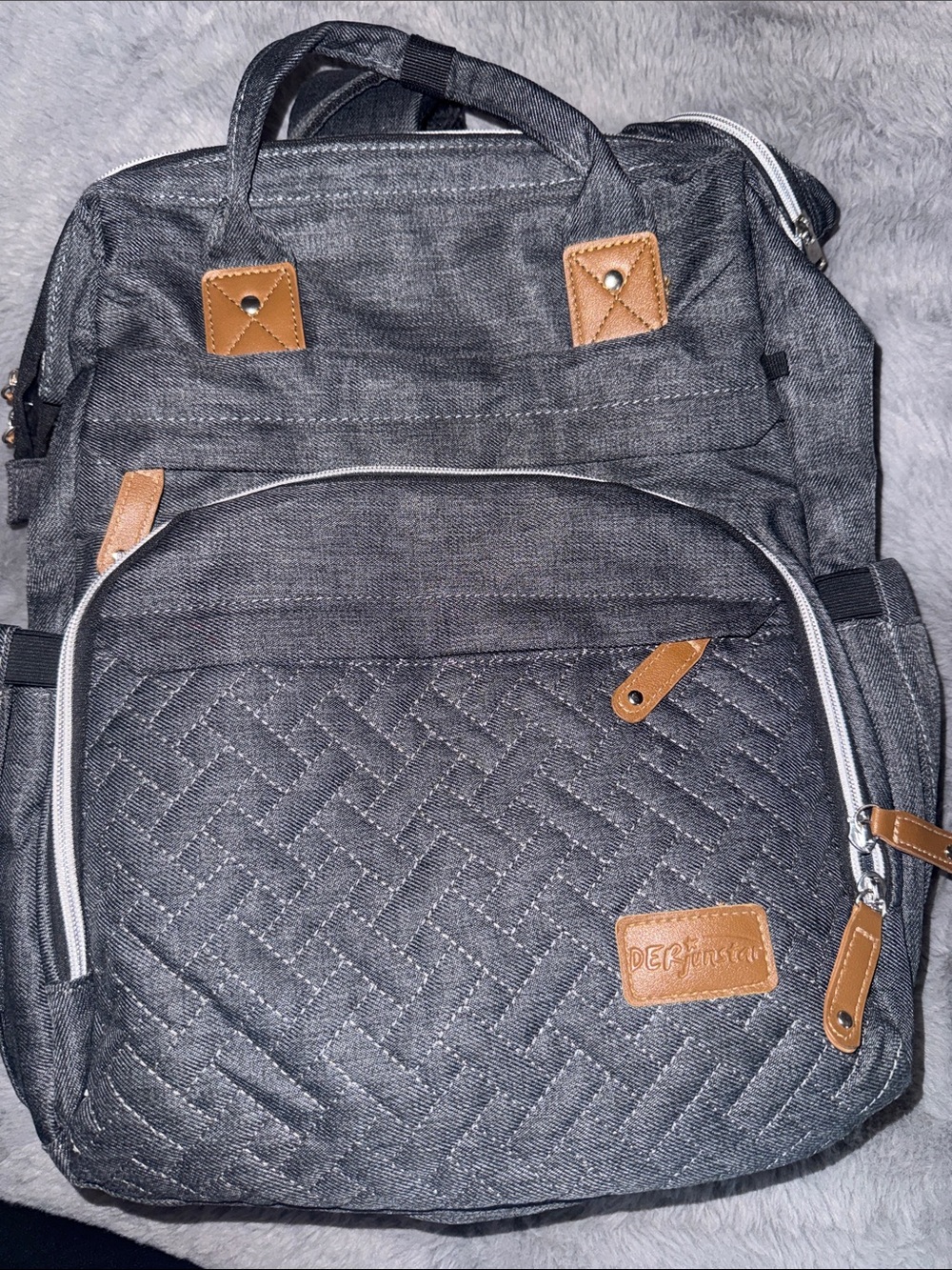 Der junstar Diaper bag Grey Quilted Backpack with Tan Accents